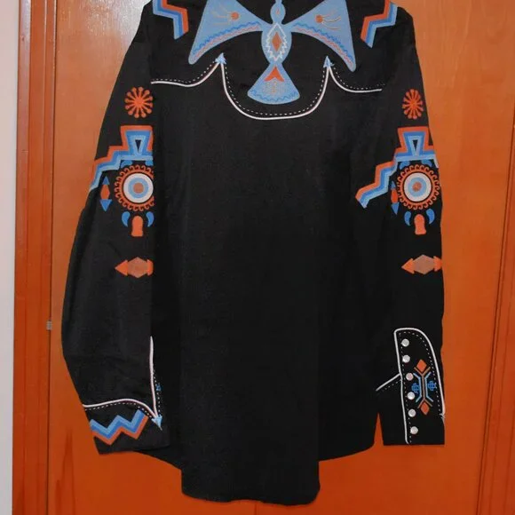 Vintage Scully Black Western Shirt, Front Snaps, Thunderbird Embroidery - Picture 6 of 6